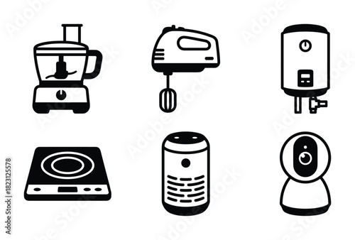 Modern kitchen appliances and smart home devices including food processor, mixer, water heater.