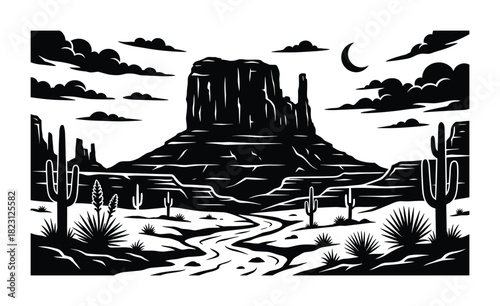 Monument valley desert landscape with saguaro cactus and crescent moon travel destination