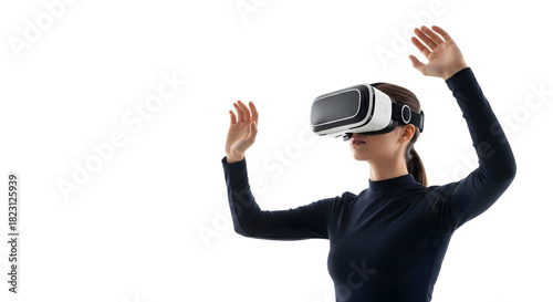 A woman experiencing virtual reality using a VR headset, she has her arms raised, interacting with the digital world, isolated on transparent background