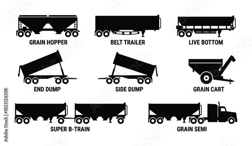 Nine cargo and grain hauling truck trailer silhouettes including grain hopper and end dump