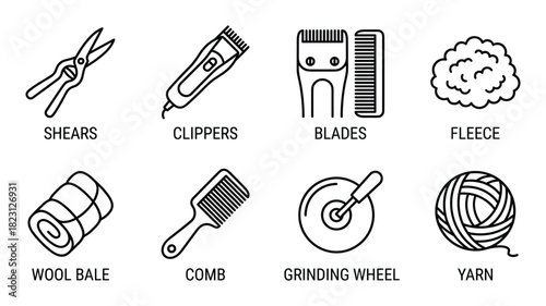 Outline icons for wool shearing including shears, clippers, blades, fleece, wool bale, comb