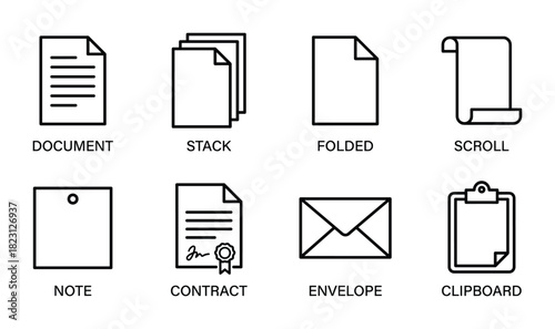 Outline icons of document, stack, folded, scroll, note, contract, envelope, clipboard.