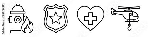 Outline icons of fire hydrant, police badge, medical heart, and rescue helicopter for emergency services.