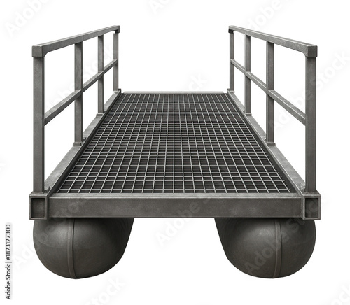 Steel-framed pontoon bridge segment featuring a grated walkway.