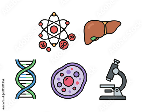 Scientific biology and chemistry research education icon set