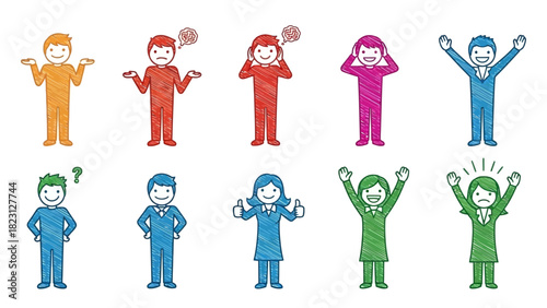 Colorful Hand-Drawn Stick Figures - Diverse Poses & Emotions Vector