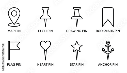 Outline map pin, push pin, drawing pin, bookmark, flag, heart, star, anchor line icons