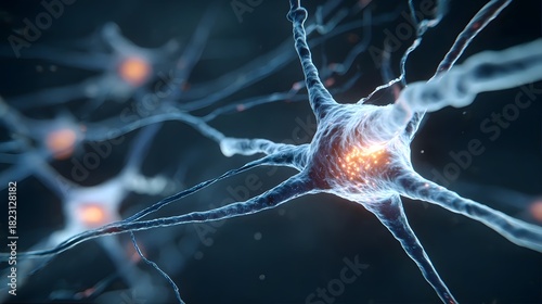 A glowing neuron transmits electrical signals within a neural network.