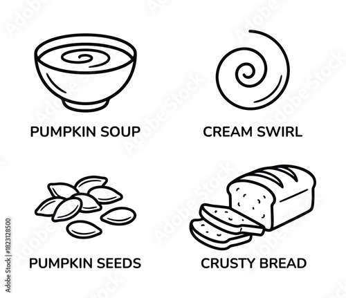 Pumpkin soup with cream swirl, roasted seeds, and crusty bread outline icons set.