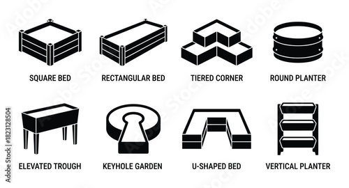 Raised garden beds vector icons, including square, rectangular, tiered corner, and round planters