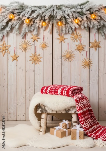 Christmas decor with garland lights stars blanket gifts and stool against a wooden wall setting scene