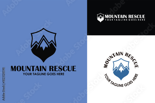 Mountains with shield security protection guard conservation design logo vector illustration