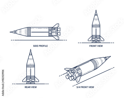 Rocket launch vehicle blueprints. Side profile, front, rear and 3/4 front view technical drawing