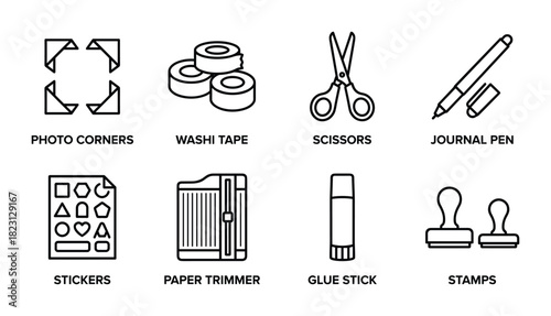 Scrapbook and craft supplies outline icons set. includes photo corners, washi tape, scissors, journal pen, stickers, paper trimmer, glue stick, stamps.
