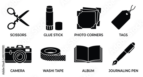 Scrapbook tools for crafting set. includes scissors, glue stick, photo corners, tags, camera, washi tape, album, journaling pen.