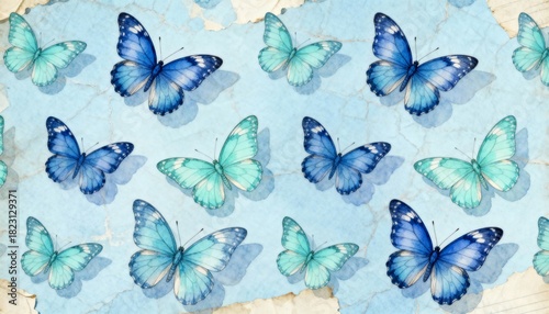 A photorealistic seamless pattern of blue and mint butterflies on vintage paper texture. Soft edges and pastel tones create a delicate, versatile background for design.