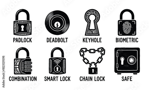 Security locks set. Padlock, deadbolt, keyhole, biometric, combination, smart, chain lock, safe.