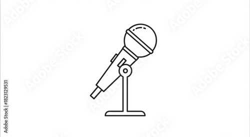 Line art illustration of a microphone on a stand, symbolizing audio recording, live performance, broadcasting, and public speaking