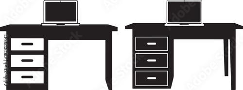 Two desks with laptops in silhouette