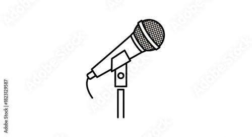 Line art illustration of a classic dynamic microphone on a stand, representing audio, music, broadcast, speech, and public speaking concepts.