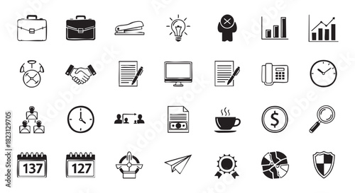 Business and office icons hand drawn in black and white style