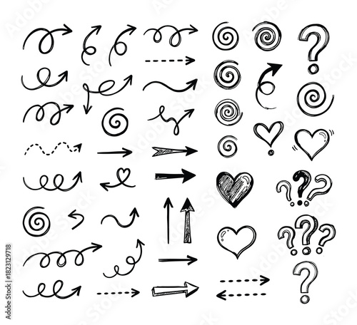 Set of doodle arrows, hearts, spirals, and question marks for design elements