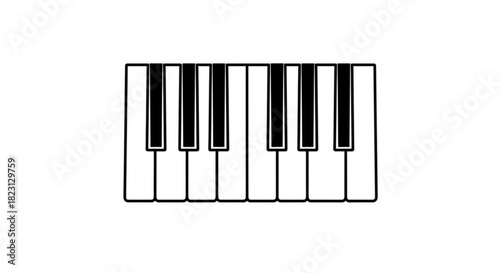 Minimalist black and white piano keys illustration, a simple graphic representation of musical instrument keyboard on a clean background.