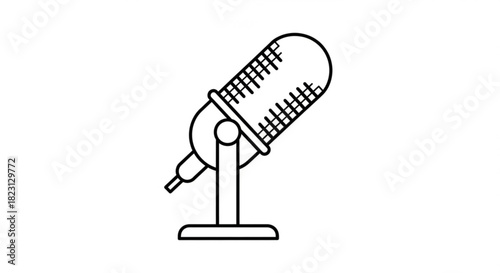 Retro style microphone line art icon with stand, ideal for audio, podcast, and broadcast themes, a simple graphic element for digital media projects.