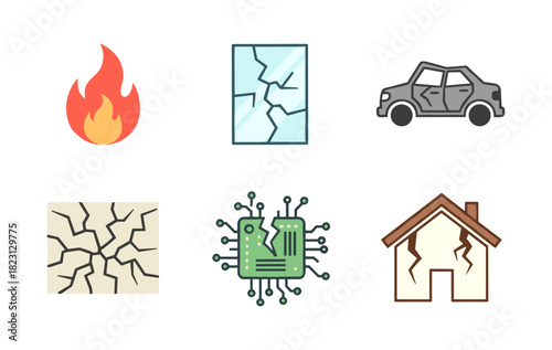 Damage risk and disaster insurance claims icons