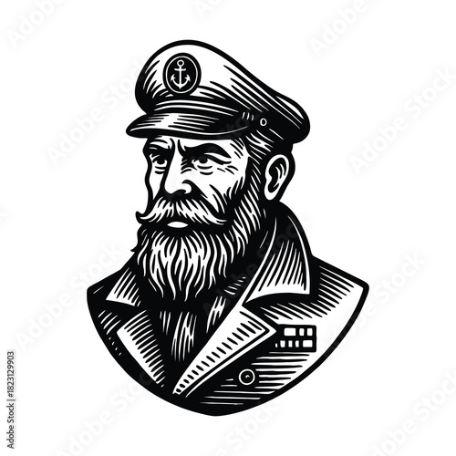hand drawn illustration of bearded sea captain.