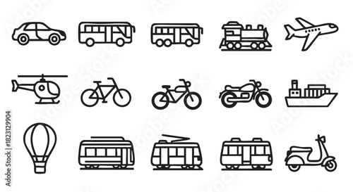 Collection of Transport Icons in Black and White Simple Style