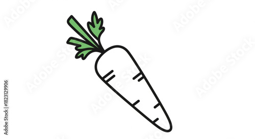 Simple outline illustration of a fresh carrot with green leaves, representing healthy eating, organic produce, and garden vegetables.