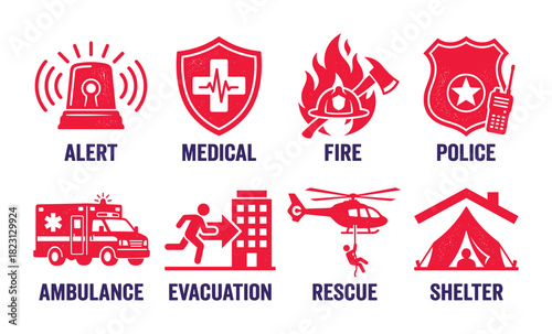 Set of emergency service icons. Alert, medical, fire, police, ambulance, evacuation, rescue, shelter sign.
