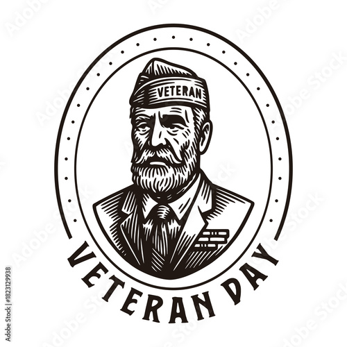 Vintage woodcut portrait of a veteran soldier with "Veteran Day" text.