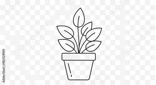 Minimalist line art icon of a potted houseplant with lush leaves and stems, symbolizing growth, environment, and home decor.