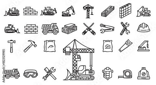 Construction Icons Set Heavy Equipment Building Materials and Work Tools