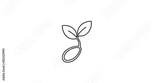 Line art icon of a sprouting seed with two fresh leaves emerging from the ground, symbolizing growth, new beginnings, and organic life cycle