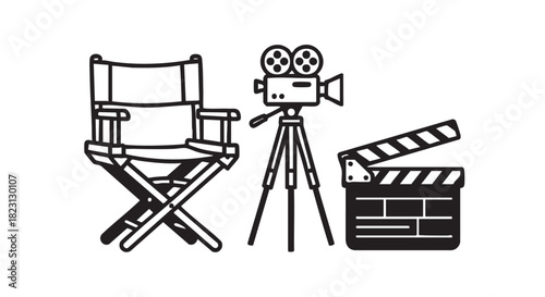 Director chair illustration in simple black and white line art
