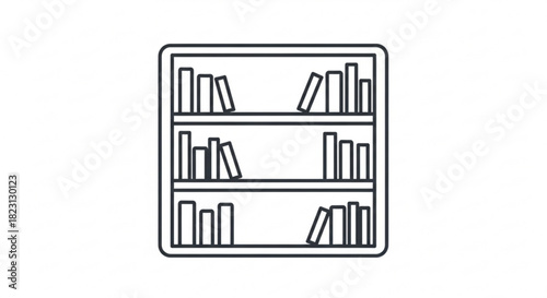 Bookshelf icon featuring various books neatly arranged and some tilted on multiple shelves, representing knowledge, education, and learning concepts.