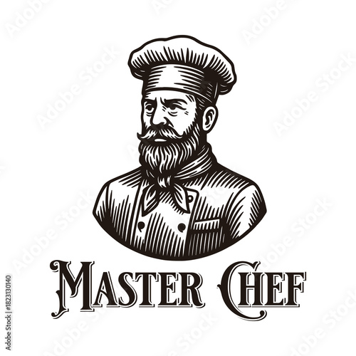 Hand drawn illustration of bearded master chef with typography.