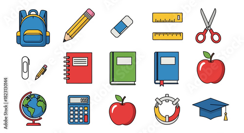 A vibrant and colorful collection of flat design icons representing school supplies and educational materials