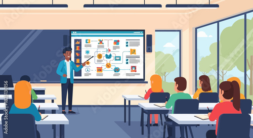 Teacher using an interactive whiteboard to explain a complex diagram to students in a modern classroom