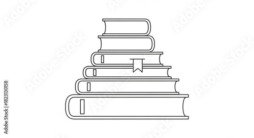 Line art illustration of a tall stack of various books with a bookmark, symbolizing education, learning, and extensive knowledge acquisition