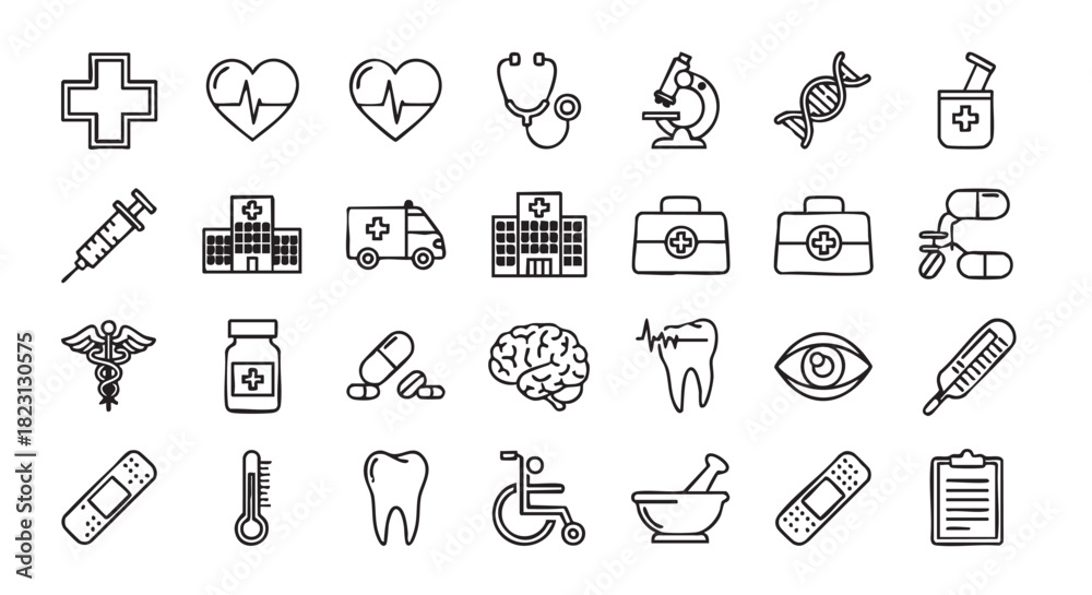 Fototapeta premium Medical doodle set with various healthcare symbols in black and white