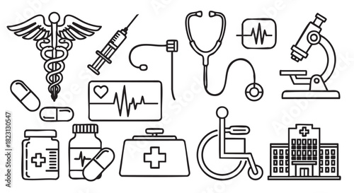 Medical Doodle Clipart Collection with Caduceus Pills and Healthcare Items