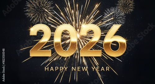 Golden 2026 Year Numbers with Fireworks and 