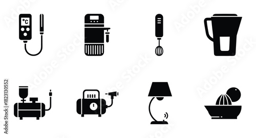 Set of various kitchen appliances and workshop tools including thermometer mixer and air compressor.