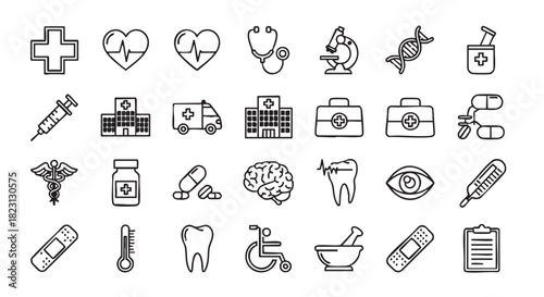 Medical doodle set with various healthcare symbols in black and white