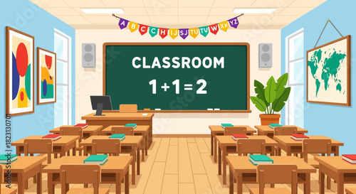 Classroom Scene with Chalkboard and Desks A Vibrant and Educational Illustration