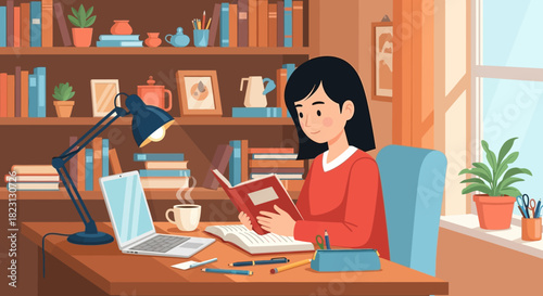 A focused student engaged in reading a book at her cozy home study desk, surrounded by educational materials, creating a serene and productive atmosphere